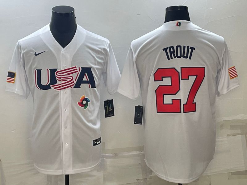 Men 2023 World Cub USA #27 Trout White Nike MLB Jersey8